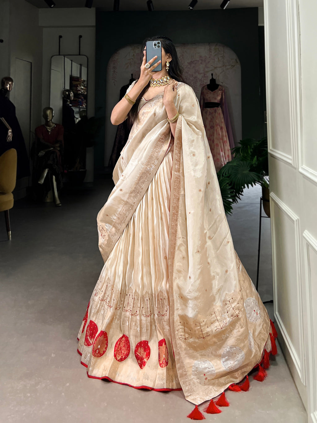 Lorenvalley Off White Pure Shimmer With Weaving Work with Mirror And Beads (Moti) Hand Work Lehenga Choli