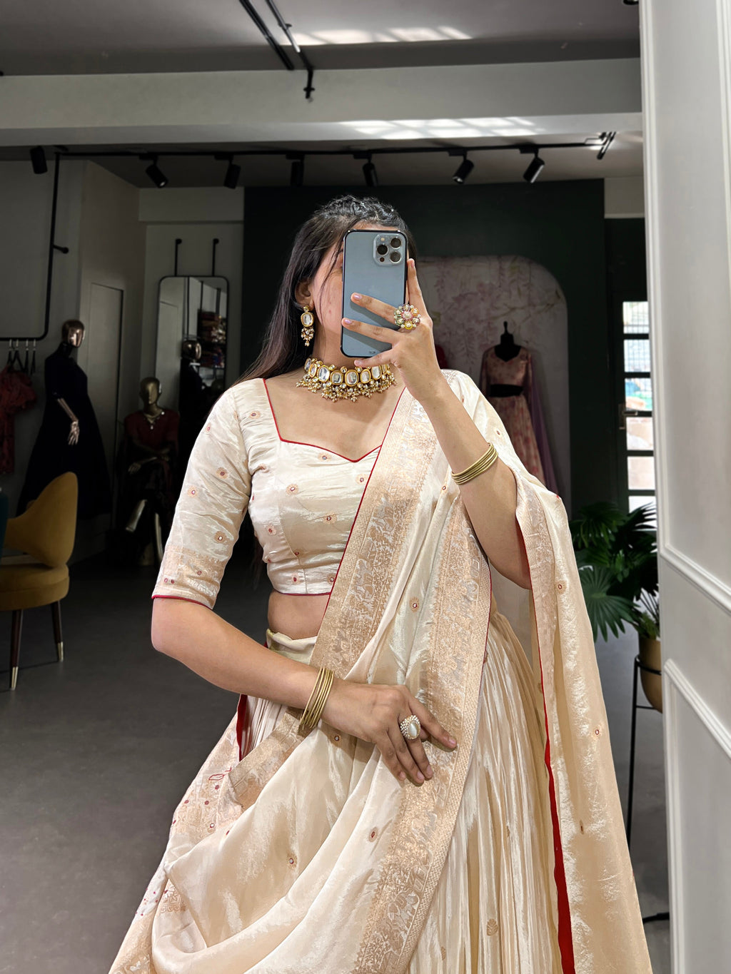Lorenvalley Off White Pure Shimmer With Weaving Work with Mirror And Beads (Moti) Hand Work Lehenga Choli