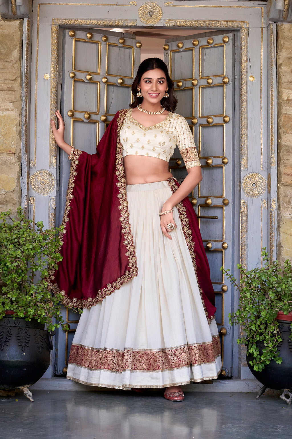 Lorenvalley Off White Vichitra Silk Zari Weaving Work Lace Border Belt with Sequins Lace Touch Up Lehenga Choli with Dupatta