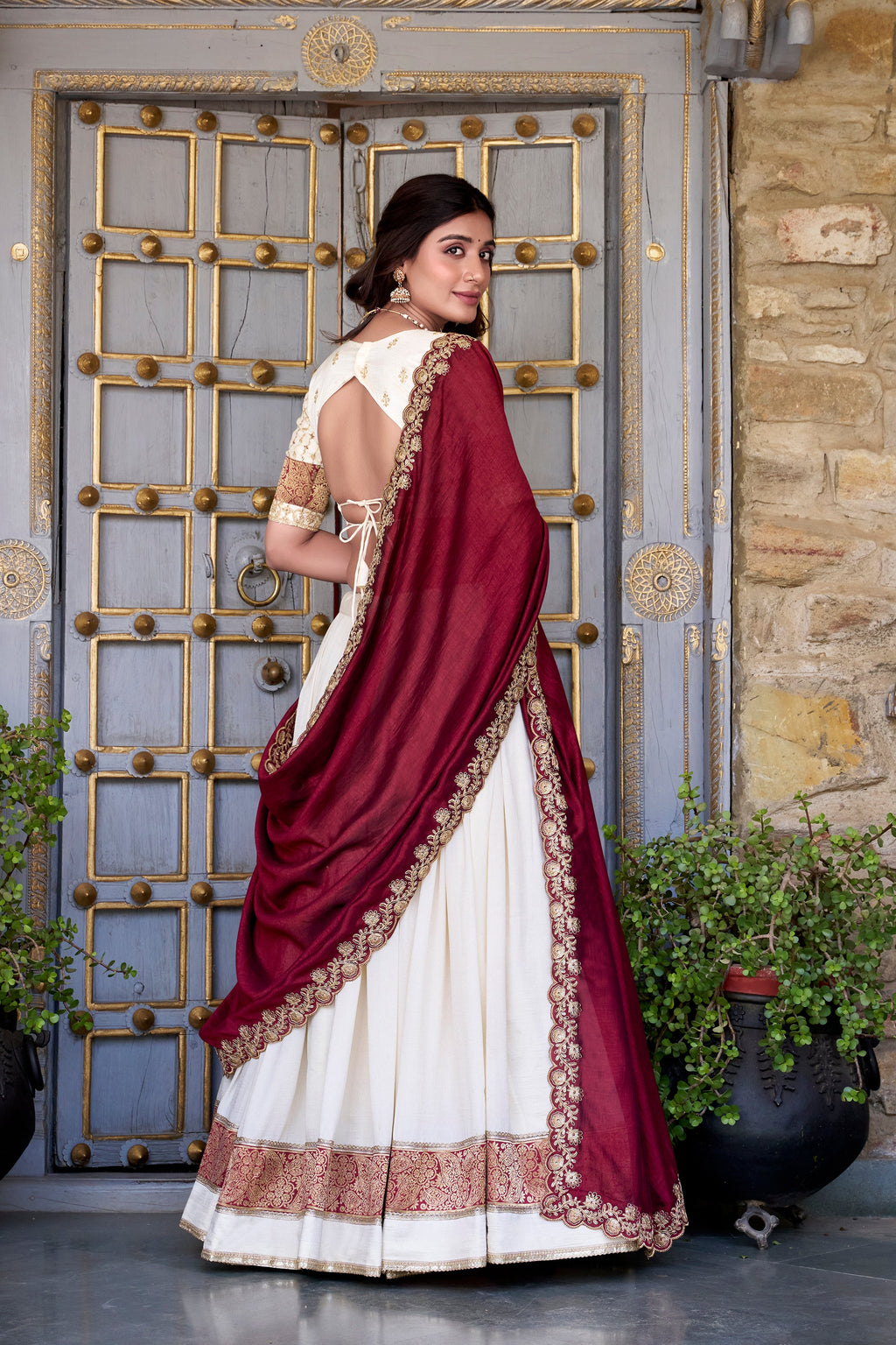 Lorenvalley Off White Vichitra Silk Zari Weaving Work Lace Border Belt with Sequins Lace Touch Up Lehenga Choli with Dupatta