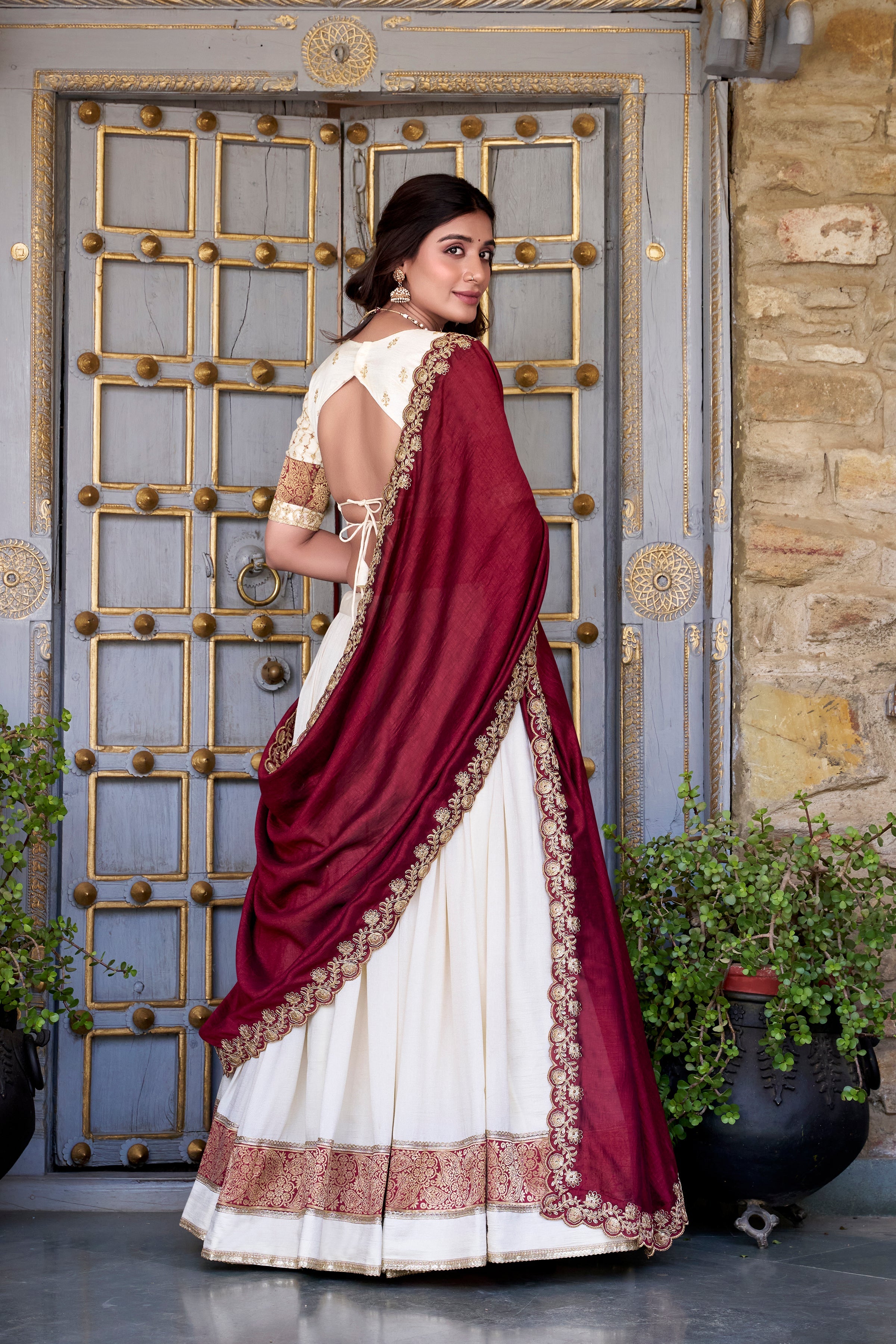 Lorenvalley Off White Vichitra Silk Zari Weaving Work Lace Border Belt with Sequins Lace Touch Up Lehenga Choli with Dupatta