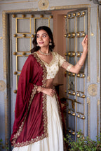 Lorenvalley Off White Vichitra Silk Zari Weaving Work Lace Border Belt with Sequins Lace Touch Up Lehenga Choli with Dupatta