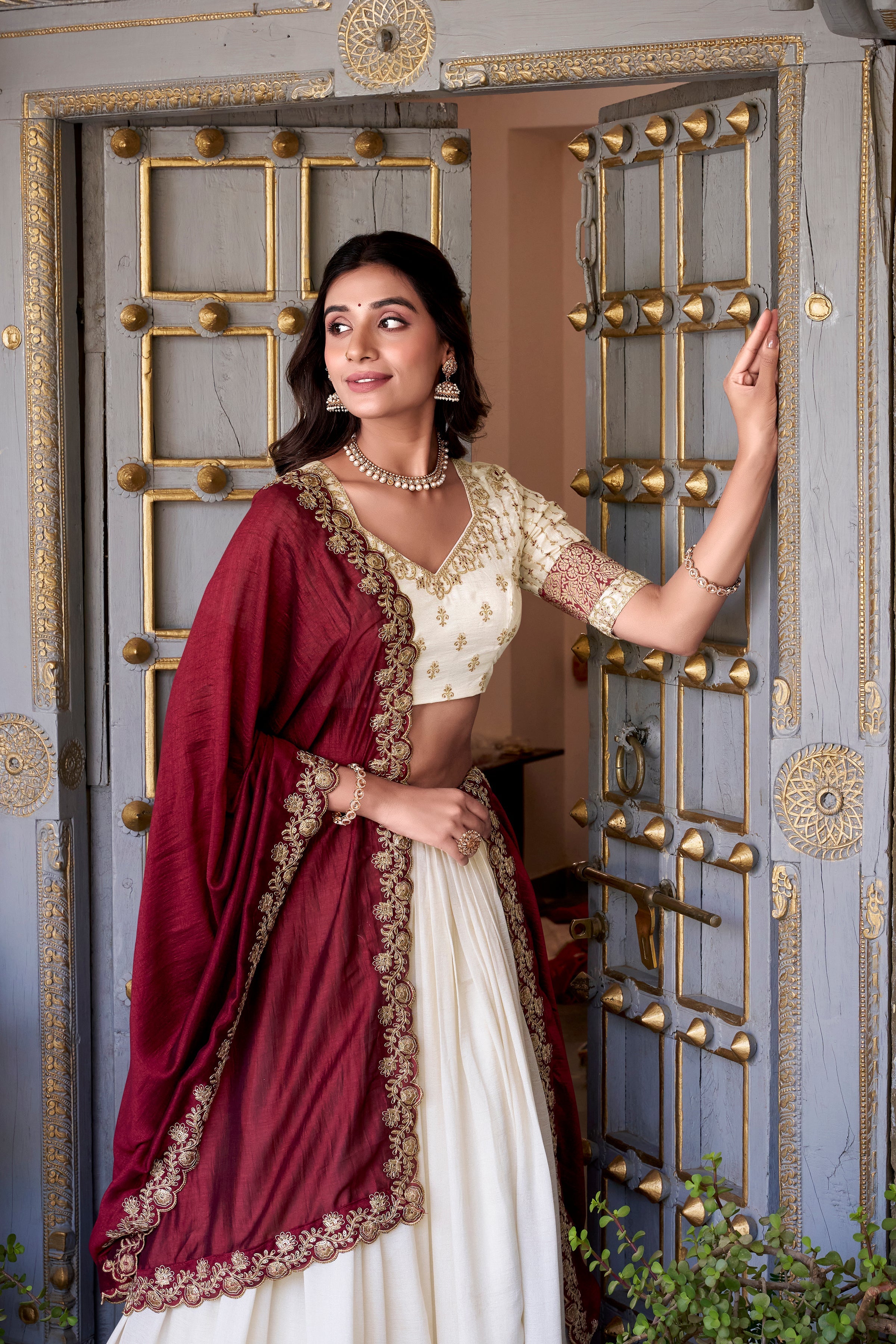Lorenvalley Off White Vichitra Silk Zari Weaving Work Lace Border Belt with Sequins Lace Touch Up Lehenga Choli with Dupatta