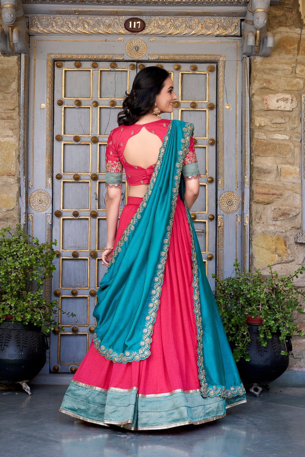 Lorenvalley Pink Vichitra Silk Zari Weaving Work Lace Border Belt with Sequins Lace Touch Up Lehenga Choli with Dupatta