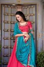 Lorenvalley Pink Vichitra Silk Zari Weaving Work Lace Border Belt with Sequins Lace Touch Up Lehenga Choli with Dupatta