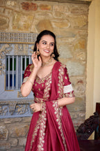 Lorenvalley Rust Vichitra Silk Zari Weaving Work Lace Border Belt with Sequins Lace Touch Up Lehenga Choli with Dupatta