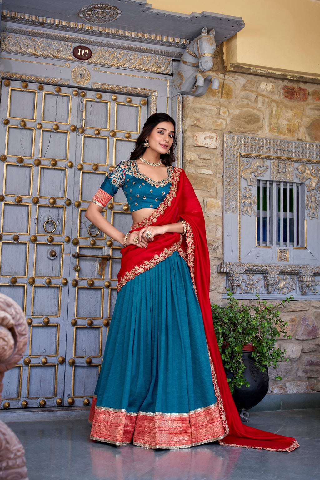 Lorenvalley Teal Vichitra Silk Zari Weaving Work Lace Border Belt with Sequins Lace Touch Up Lehenga Choli with Dupatta