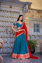 Lorenvalley Teal Vichitra Silk Zari Weaving Work Lace Border Belt with Sequins Lace Touch Up Lehenga Choli with Dupatta