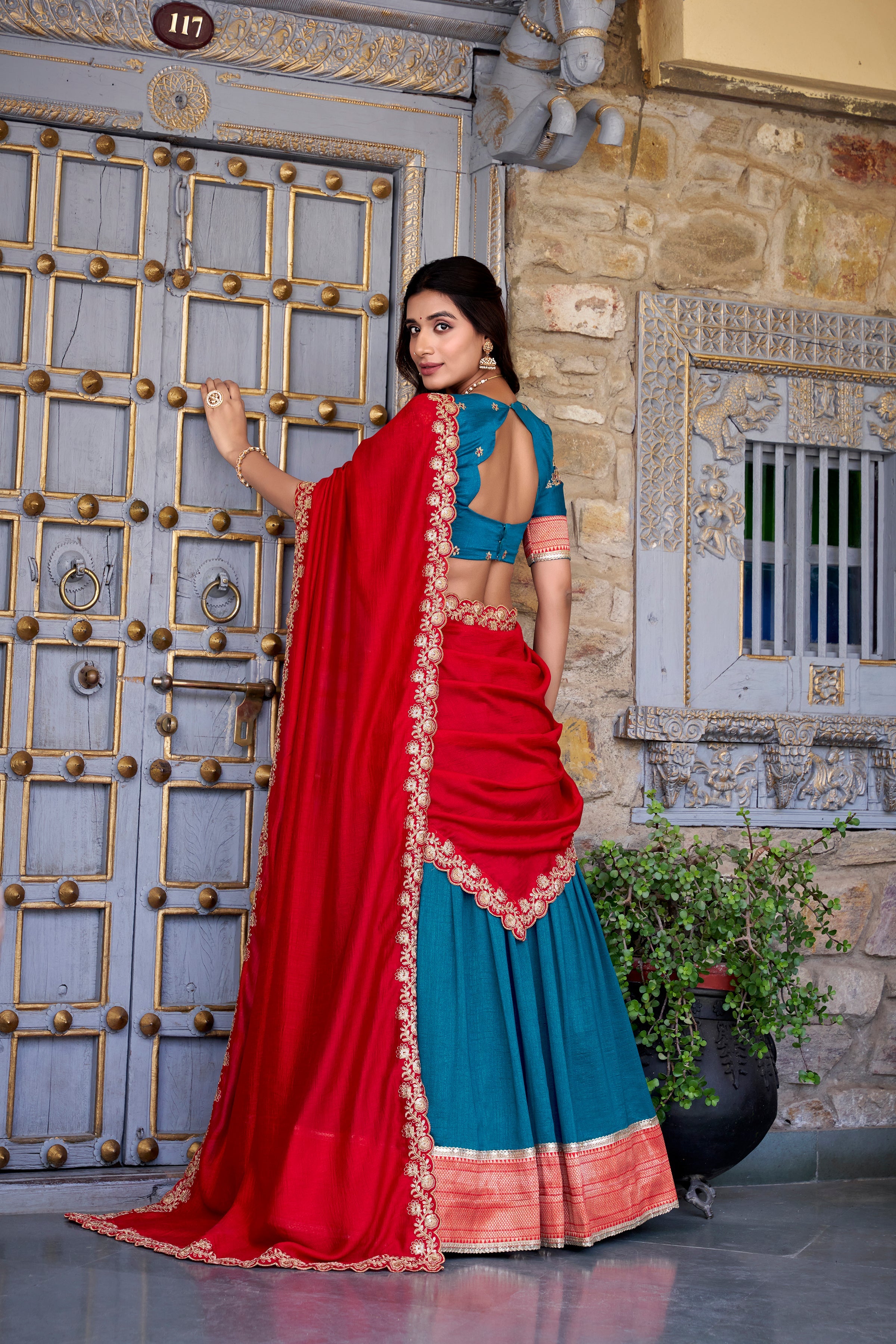 Lorenvalley Teal Vichitra Silk Zari Weaving Work Lace Border Belt with Sequins Lace Touch Up Lehenga Choli with Dupatta