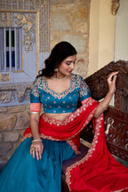 Lorenvalley Teal Vichitra Silk Zari Weaving Work Lace Border Belt with Sequins Lace Touch Up Lehenga Choli with Dupatta