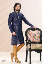 Raivat Ethnic Jacquard Banarasi Silk Pintux Work Kurta Pajama In Blue Colour