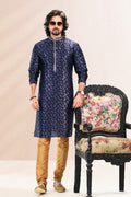 Raivat Ethnic Jacquard Banarasi Silk Pintux Work Kurta Pajama In Blue Colour