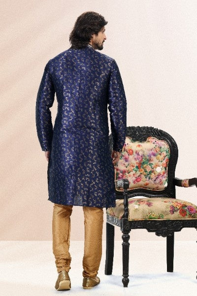 Raivat Ethnic Jacquard Banarasi Silk Pintux Work Kurta Pajama In Blue Colour