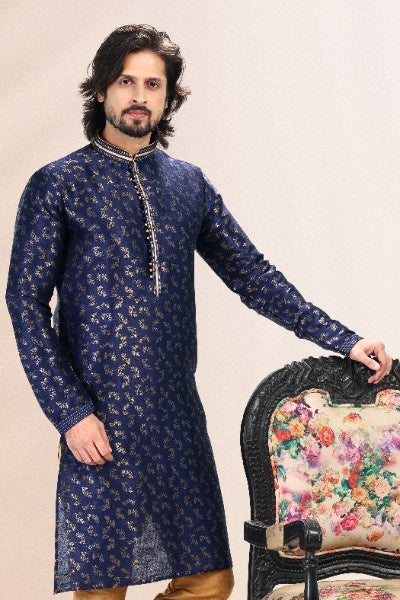 Raivat Ethnic Jacquard Banarasi Silk Pintux Work Kurta Pajama In Blue Colour