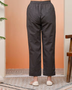 Vaasva Women Charcoal Cotton Flax Solid Straight Pants