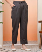 Vaasva Women Charcoal Cotton Flax Solid Straight Pants
