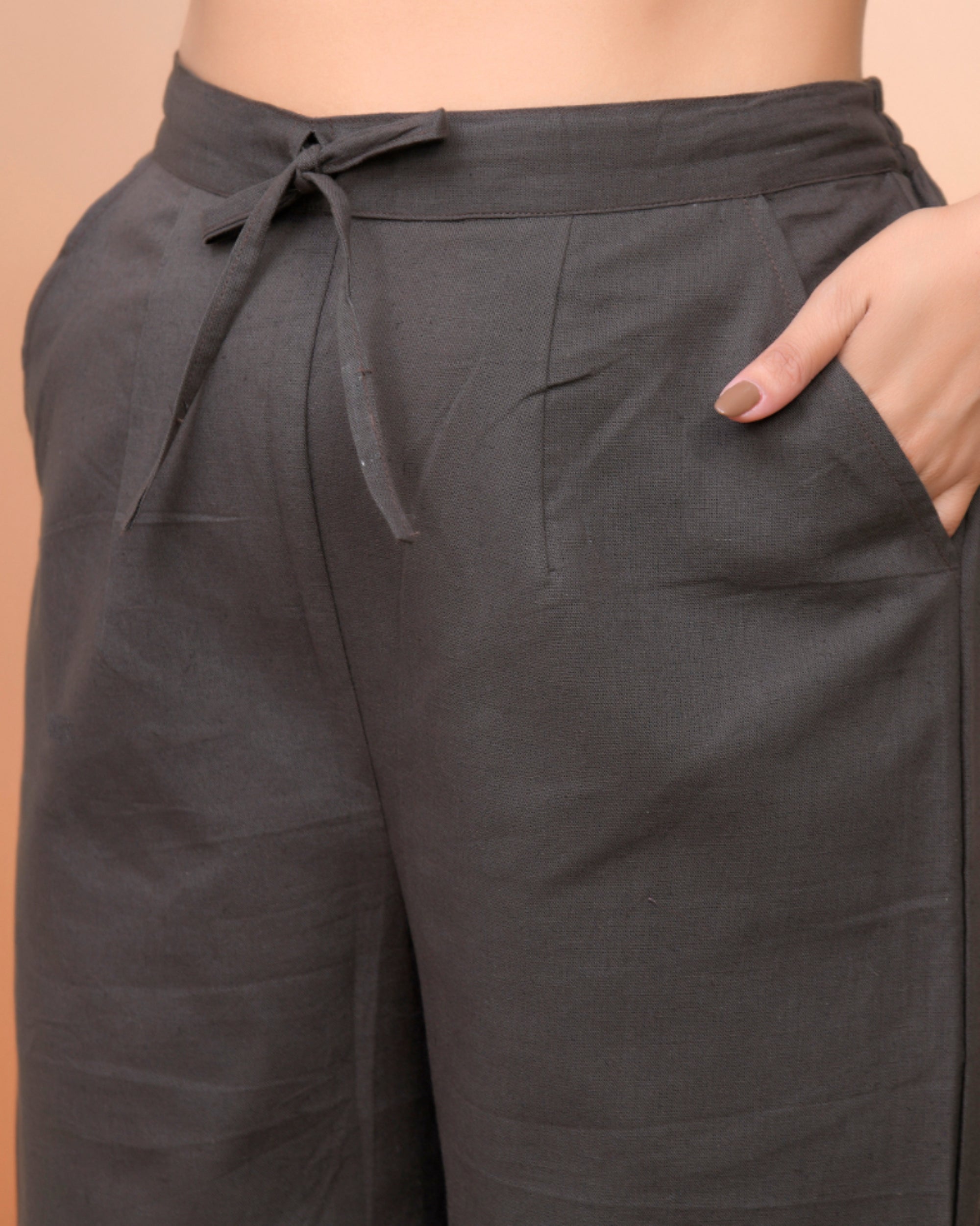 Vaasva Women Charcoal Cotton Flax Solid Straight Pants