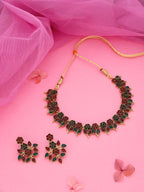 Tehzeeb Creations Green & Maroon Colour Gold Pleated Stone Studded Necklace With Earrings