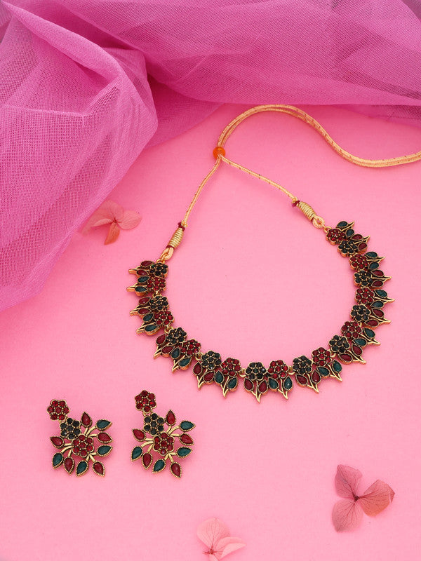 Tehzeeb Creations Green & Maroon Colour Gold Pleated Stone Studded Necklace With Earrings