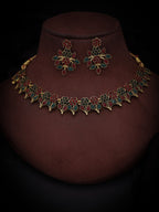 Tehzeeb Creations Green & Maroon Colour Gold Pleated Stone Studded Necklace With Earrings