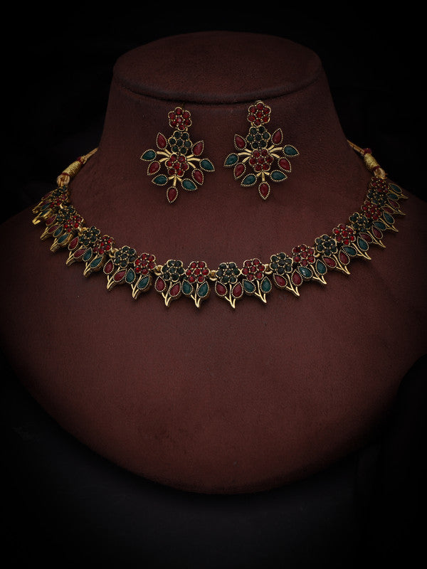 Tehzeeb Creations Green & Maroon Colour Gold Pleated Stone Studded Necklace With Earrings