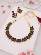 Tehzeeb Creations Green & Maroon Colour Gold Pleated Stone Studded Necklace With Earrings