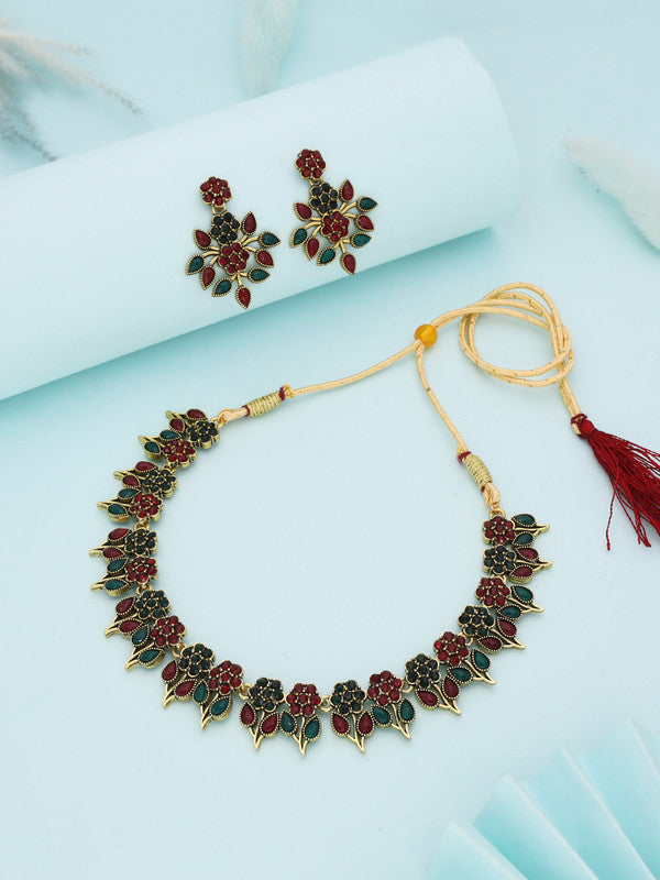 Tehzeeb Creations Green & Maroon Colour Gold Pleated Stone Studded Necklace With Earrings