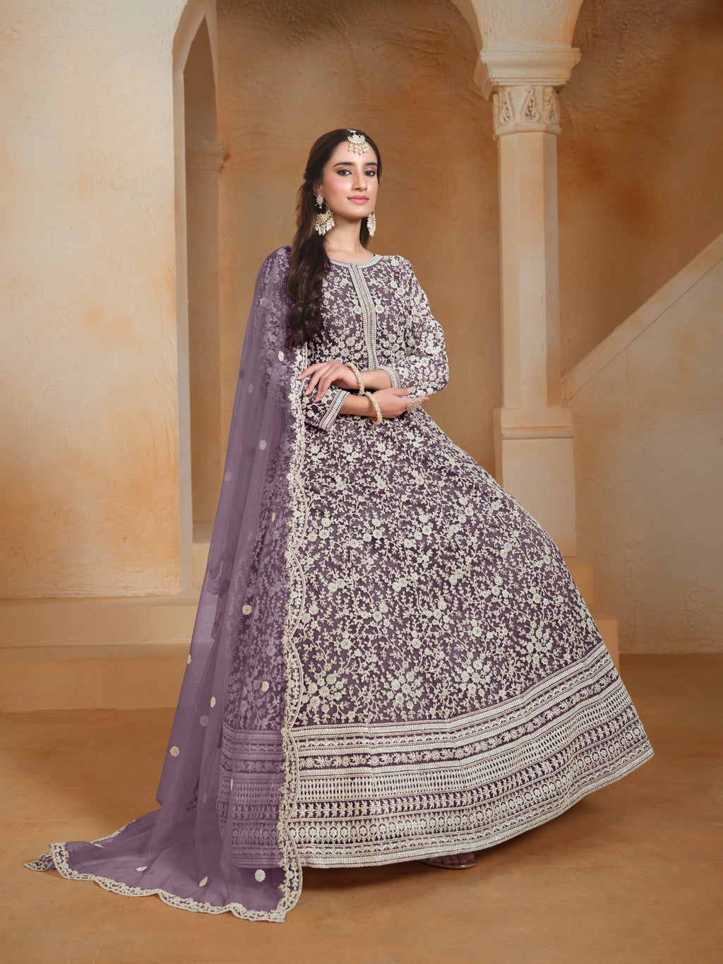 Anaita Lavender Embroidered Net Anarkali Suit - Distacart