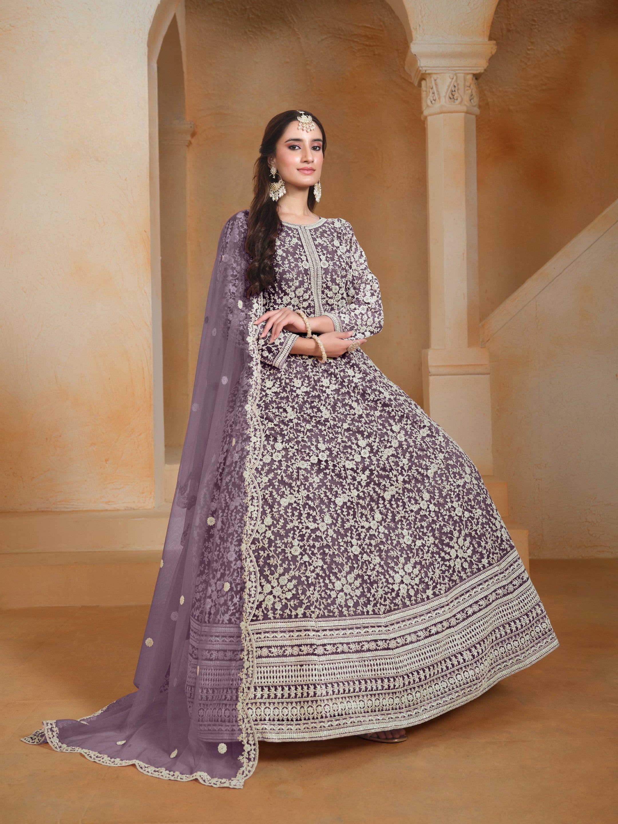 Anaita Lavender Embroidered Net Anarkali Suit - Distacart