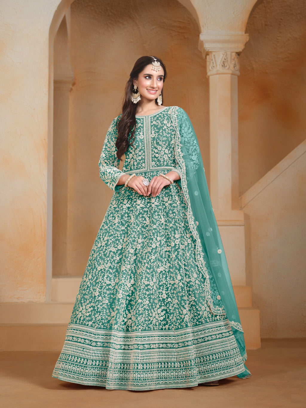 Anaita Sea Green Embroidered Net Anarkali Suit - Distacart