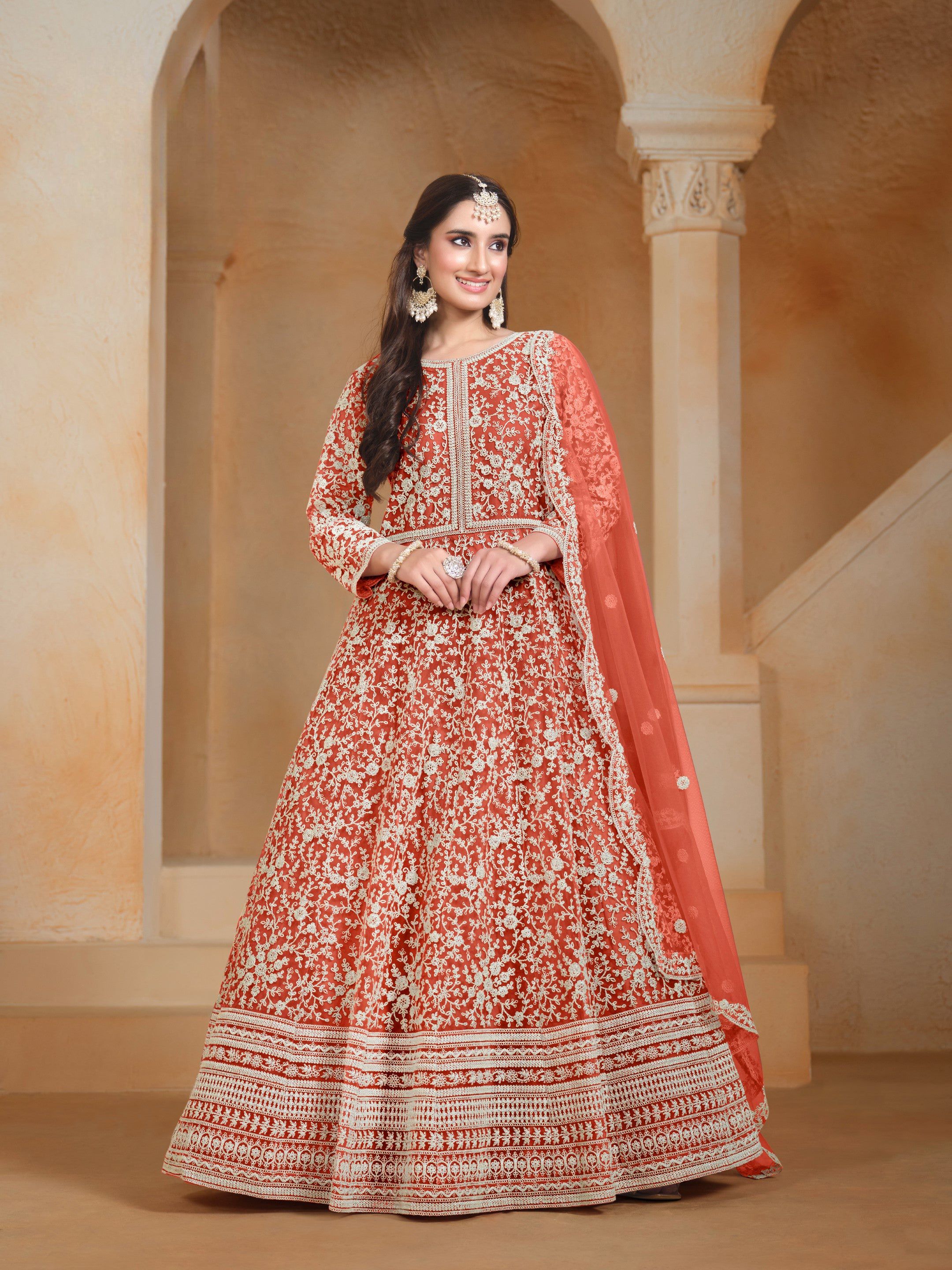 Anaita Orange Embroidered Net Anarkali Suit - Distacart