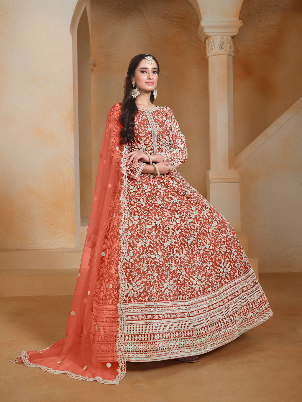 Anaita Orange Embroidered Net Anarkali Suit - Distacart