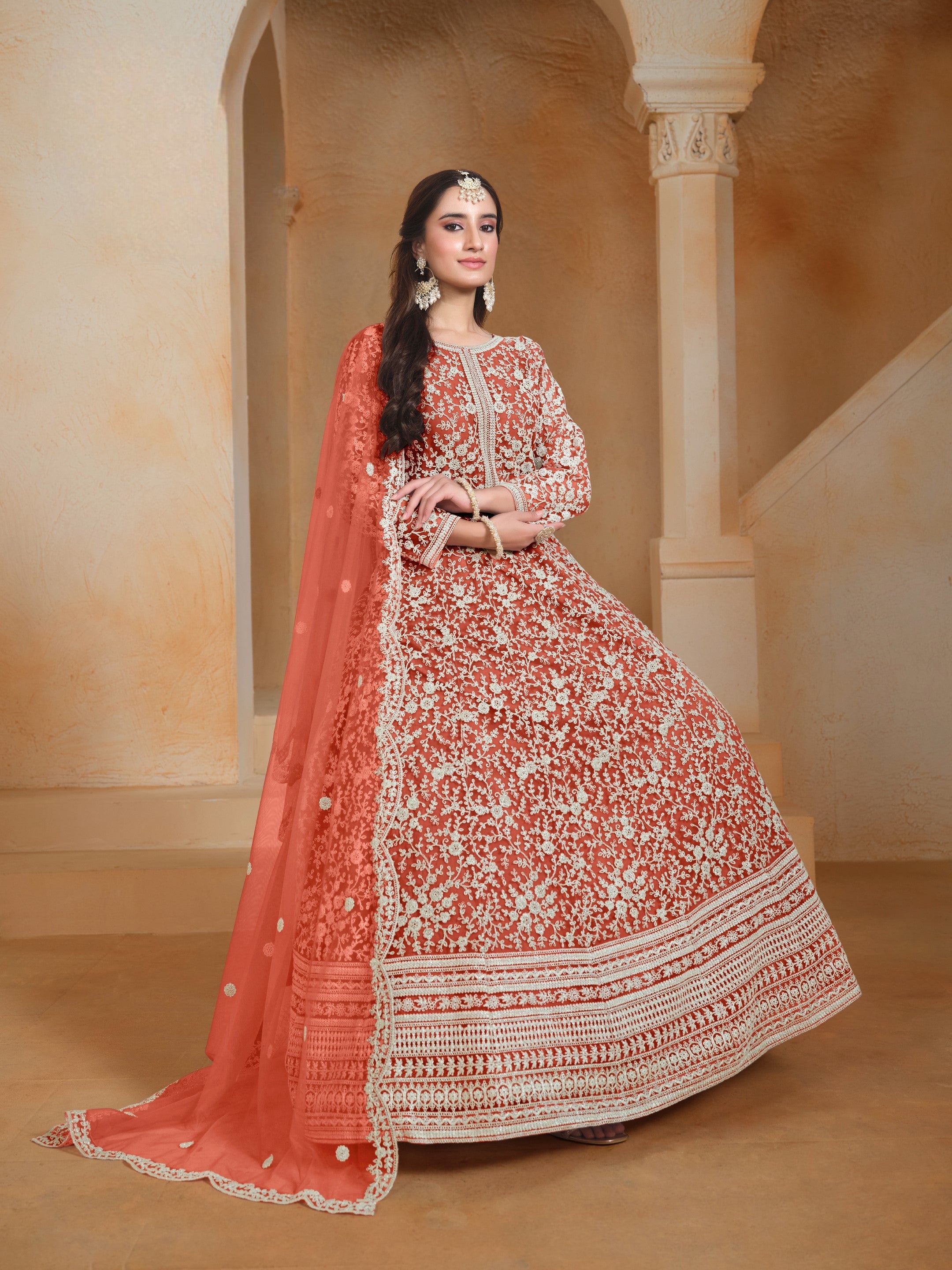 Anaita Orange Embroidered Net Anarkali Suit - Distacart