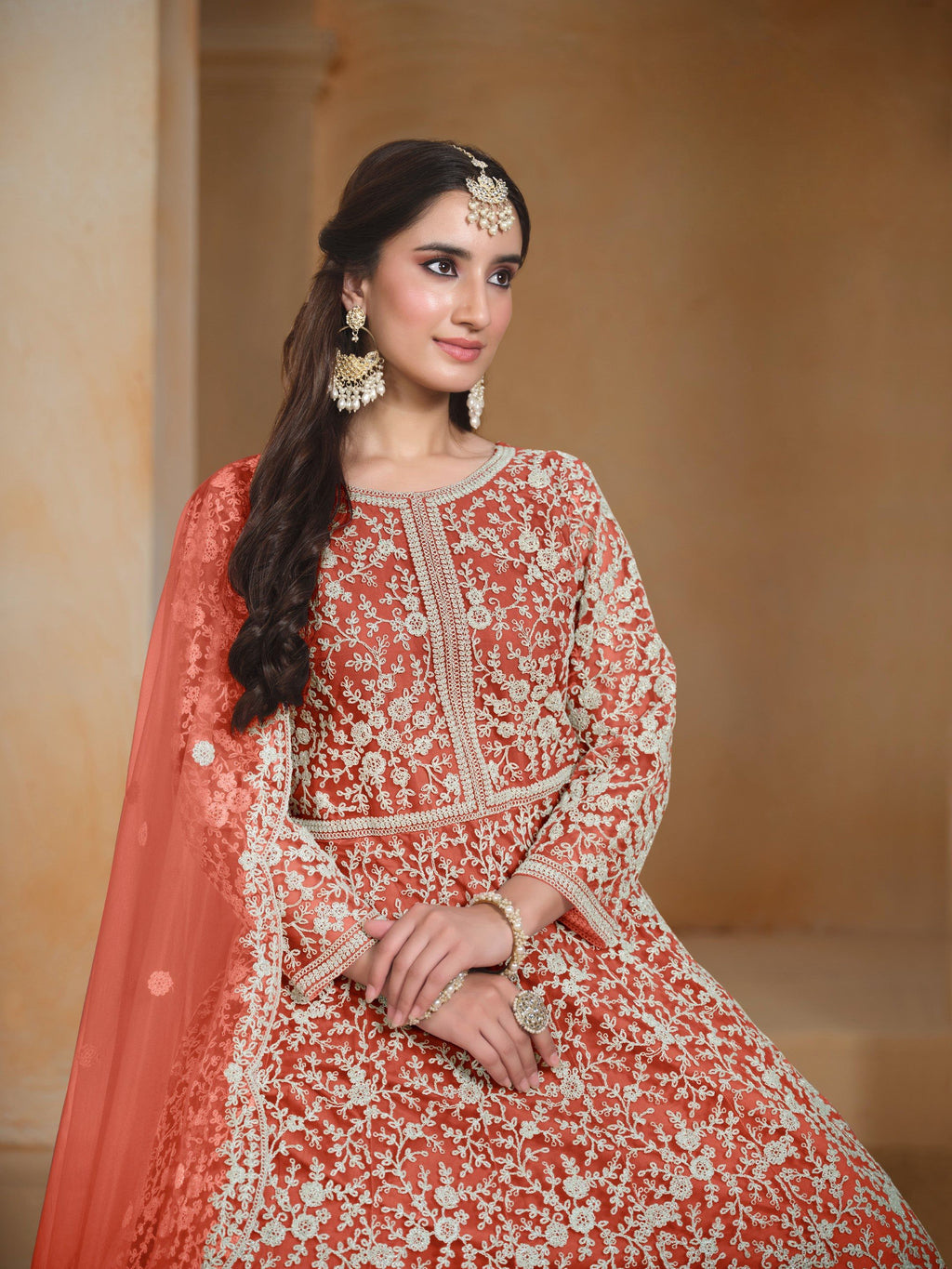 Anaita Orange Embroidered Net Anarkali Suit - Distacart