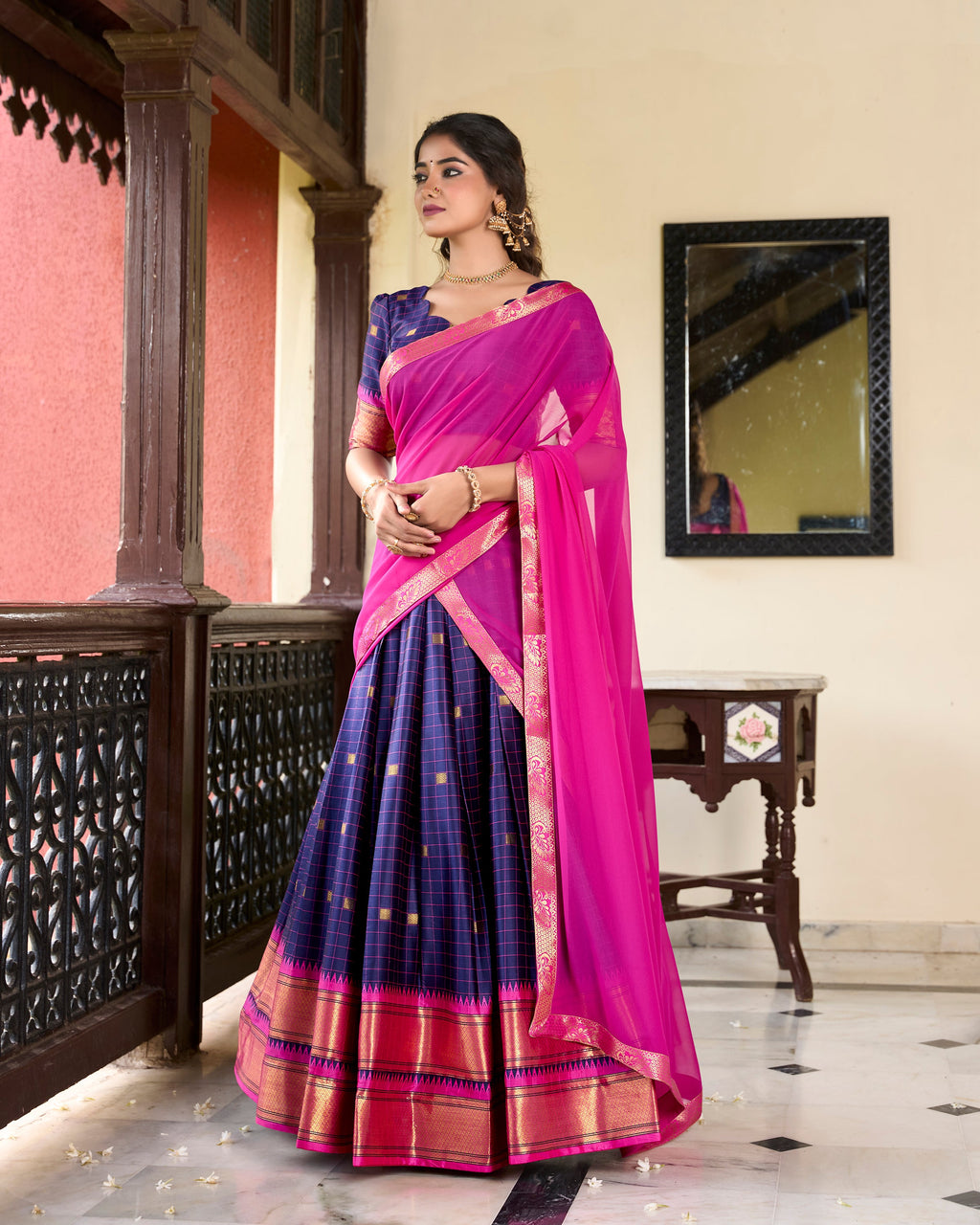Lorenvalley Blue Cotton Silk Weaving Work With Paithani Concept Lehenga Choli