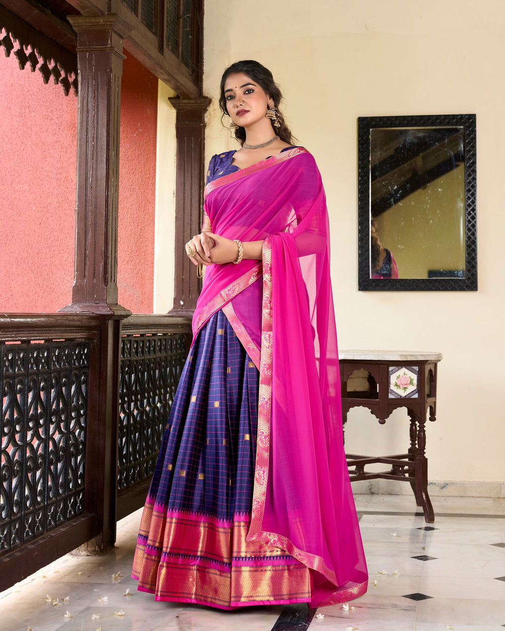 Lorenvalley Blue Cotton Silk Weaving Work With Paithani Concept Lehenga Choli