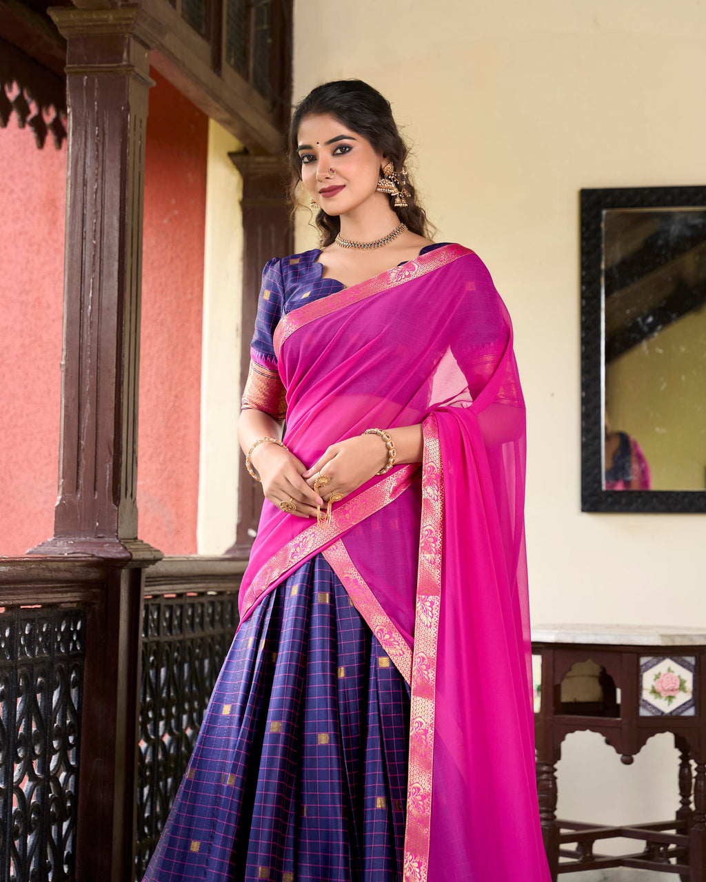 Lorenvalley Blue Cotton Silk Weaving Work With Paithani Concept Lehenga Choli