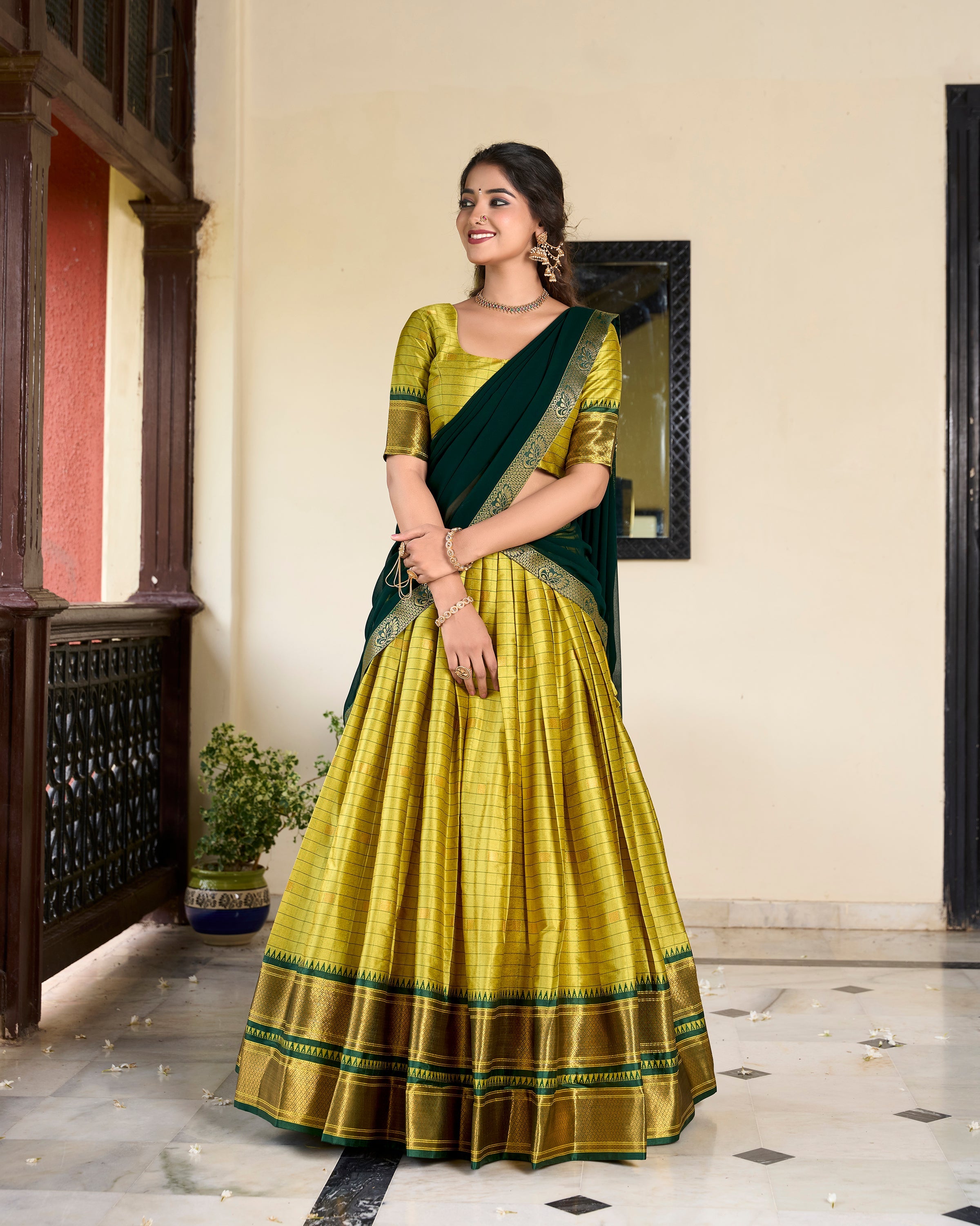 Lorenvalley Green Cotton Silk Weaving Work With Paithani Concept Lehenga Choli