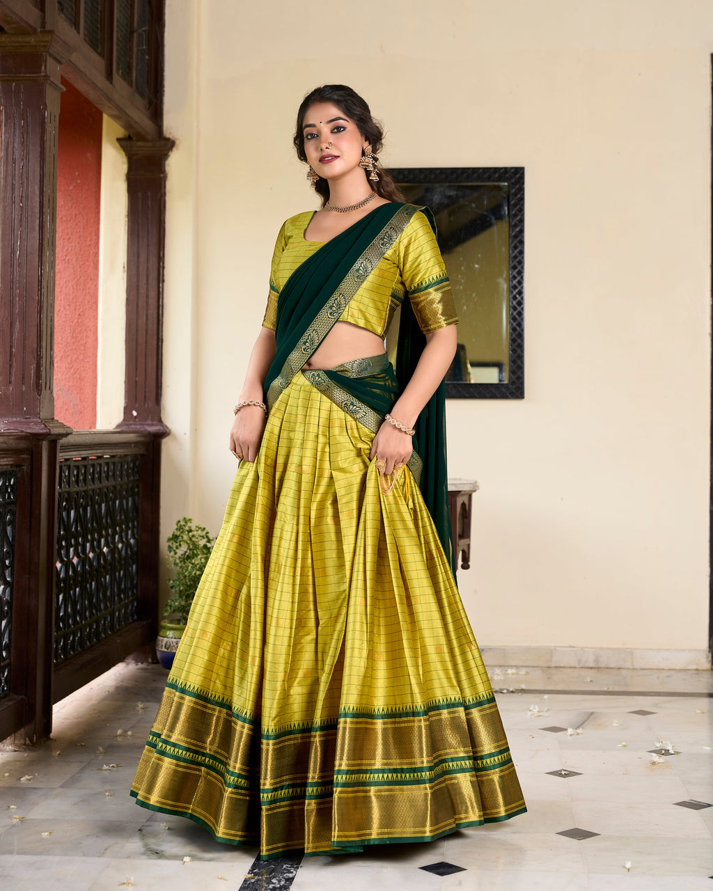 Lorenvalley Green Cotton Silk Weaving Work With Paithani Concept Lehenga Choli