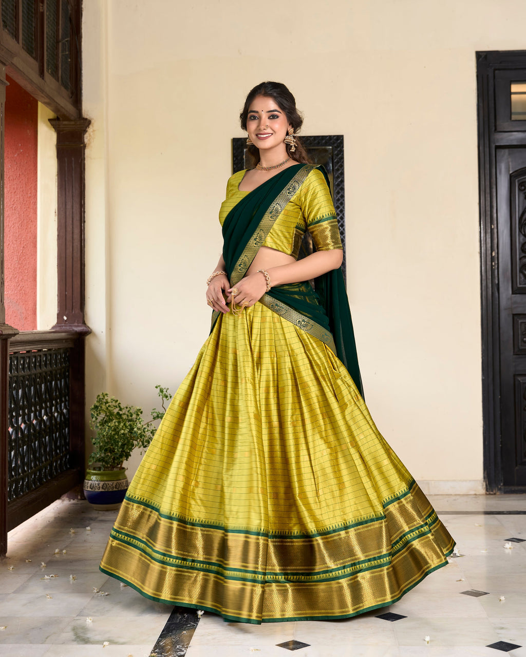Lorenvalley Green Cotton Silk Weaving Work With Paithani Concept Lehenga Choli