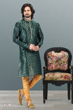 Raivat Ethnic Jacquard Banarasi Silk Pintux Work Kurta Pajama In Green Colour