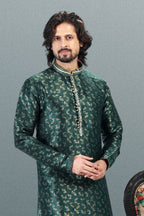Raivat Ethnic Jacquard Banarasi Silk Pintux Work Kurta Pajama In Green Colour