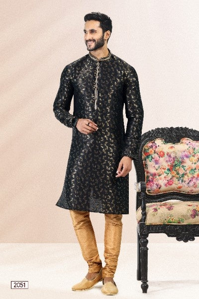 Raivat Ethnic Jacquard Banarasi Silk Pintux Work Kurta Pajama In Black Colour
