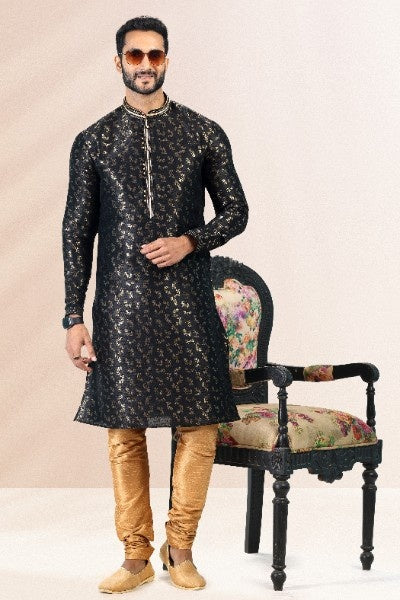 Raivat Ethnic Jacquard Banarasi Silk Pintux Work Kurta Pajama In Black Colour