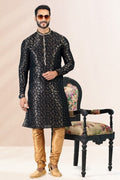 Raivat Ethnic Jacquard Banarasi Silk Pintux Work Kurta Pajama In Black Colour