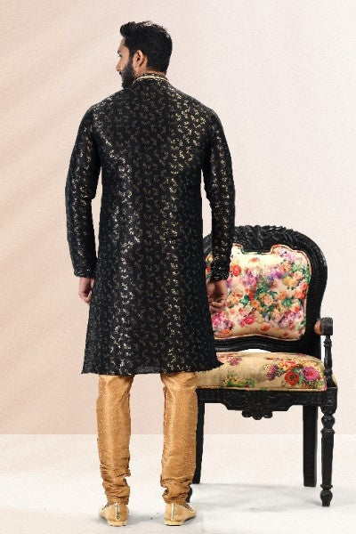 Raivat Ethnic Jacquard Banarasi Silk Pintux Work Kurta Pajama In Black Colour