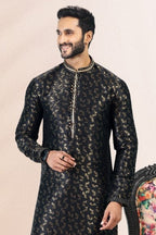 Raivat Ethnic Jacquard Banarasi Silk Pintux Work Kurta Pajama In Black Colour