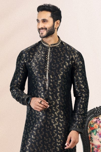 Raivat Ethnic Jacquard Banarasi Silk Pintux Work Kurta Pajama In Black Colour