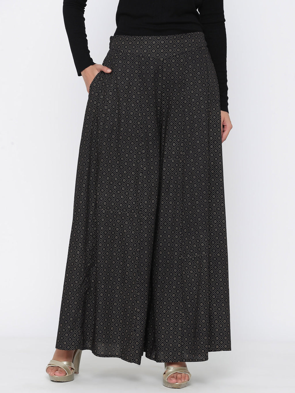 Juniper Women Black Rayon Printed Flared Palazzo - Distacart