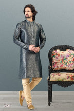 Raivat Ethnic Jacquard Banarasi Silk Pintux Work Kurta Pajama In Grey Colour